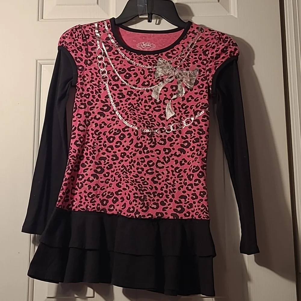 Justice Girls size 10 pink and black animal print sparkly necklace ruffled shirt